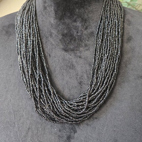 Womens Fashion Black Beads Multiple Strand Layered Necklace Jewelry - Picture 1 of 7